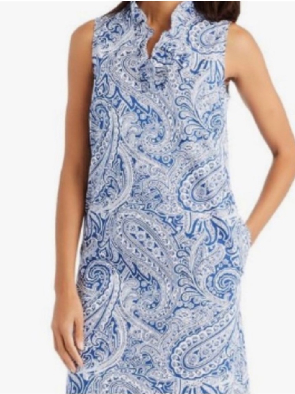 J. McLaughlin Blue White Paisley Ruffle Neck Sleeveless Dress Size XL